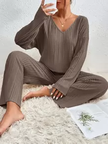 SHEIN Essnce Drop Shoulder Tee & Trousers - Khaki - View 4