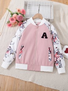SHEIN Niñas Cazadora tipo bomber con estampado floral de manga raglán - Multicolor - Ver 1