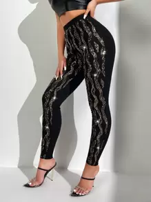 SHEIN SXY 高腰亮片拼接緊身褲 - 黑色 - 查看 5