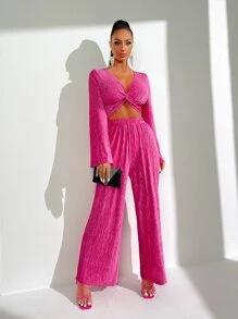 SHEIN SXY Bộ đồ hai mảnh nữ xoắn lại màu trơn Thanh lịch - Màu Hồng Tươi - Xem 1