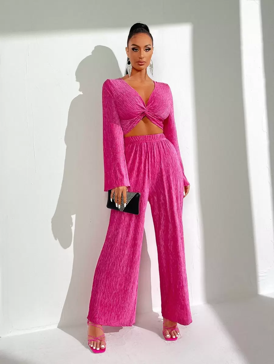 SHEIN SXY Bộ đồ hai mảnh nữ xoắn lại màu trơn Thanh lịch - Màu Hồng Tươi - Xem 1