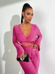 SHEIN SXY Bộ đồ hai mảnh nữ xoắn lại màu trơn Thanh lịch - Màu Hồng Tươi - Xem 3