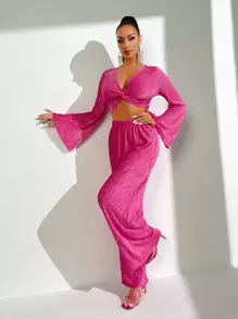 SHEIN SXY Bộ đồ hai mảnh nữ xoắn lại màu trơn Thanh lịch - Màu Hồng Tươi - Xem 4