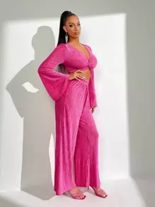 SHEIN SXY Bộ đồ hai mảnh nữ xoắn lại màu trơn Thanh lịch - Màu Hồng Tươi - Xem 5