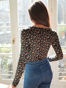 SHEIN Frenchy Lace Trim V Neck Tee - Multicolor - View 6