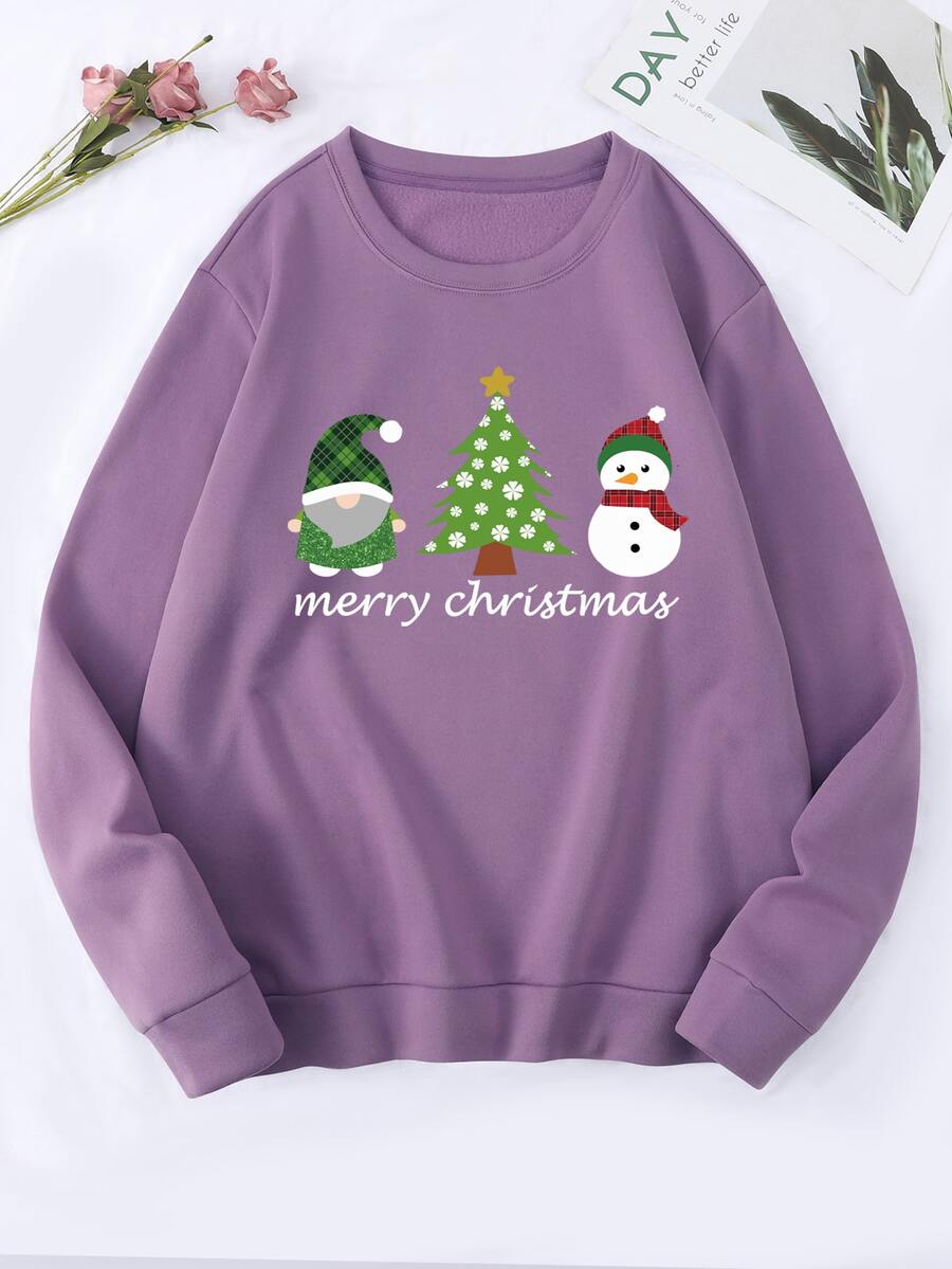 SHEIN EZwear Slogan & Christmas Print Thermal Pullover - Lilac Purple - View 1