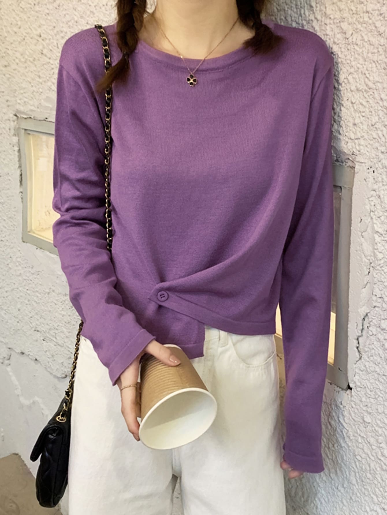 Solid Asymmetrical Hem Jumper - Purple - View 1