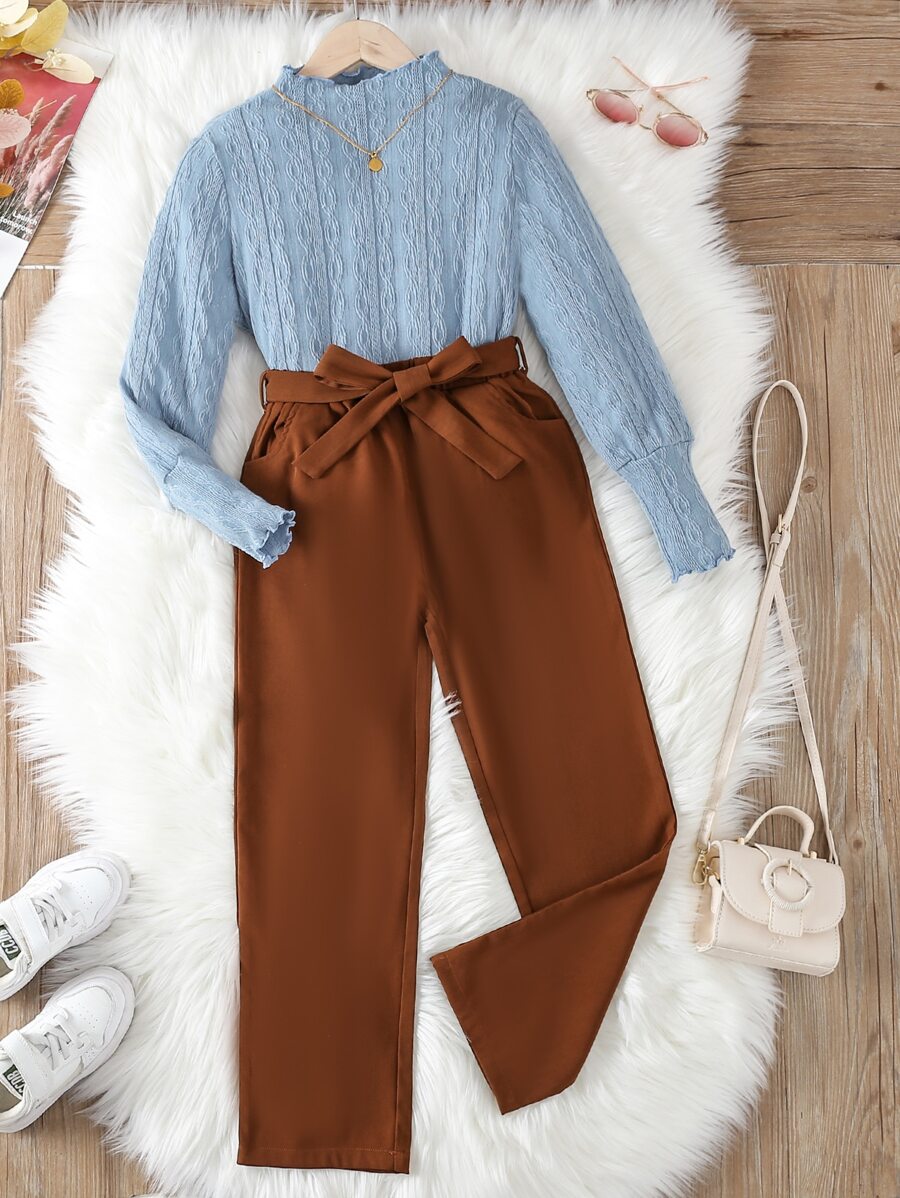 Girls Mock Neck Lettuce Trim Tee & Belted Trousers - Multicolor - View 1