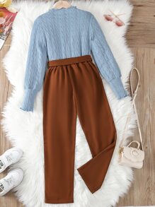 Girls Mock Neck Lettuce Trim Tee & Belted Trousers - Multicolor - View 2