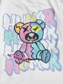 Manfinity VCAY 宽松男士卡通熊 & 字母图案 T 恤 - 白色 - 查看 4