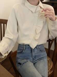 Design Sense 女士长袖衬衫，百搭法式修身优雅上衣，长袖休闲春季上衣 - 杏色 - 查看 3