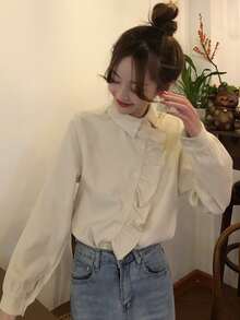 Design Sense 女士长袖衬衫，百搭法式修身优雅上衣，长袖休闲春季上衣 - 杏色 - 查看 5