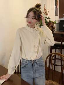 Design Sense 女士长袖衬衫，百搭法式修身优雅上衣，长袖休闲春季上衣 - 杏色 - 查看 6