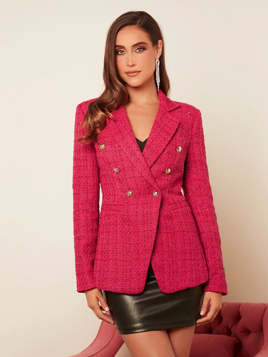 SHEIN Privé Lapel Collar Double Breasted Tweed Blazer - Rose Red - View 1