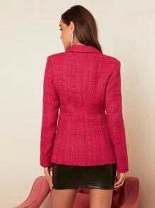 SHEIN Privé Lapel Collar Double Breasted Tweed Blazer - Rose Red - View 2