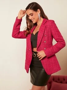 SHEIN Privé Lapel Collar Double Breasted Tweed Blazer - Rose Red - View 5