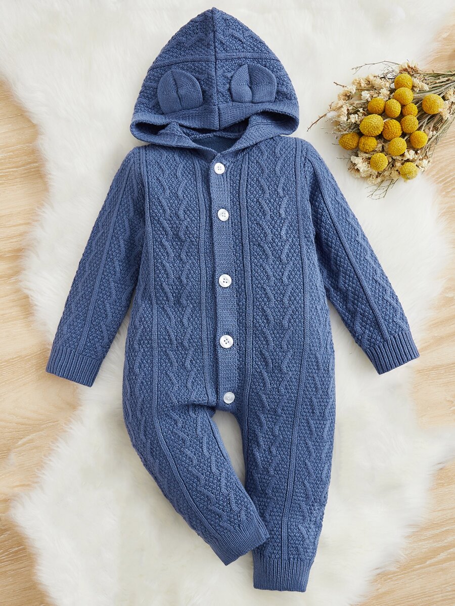 SHEIN Baby Jungen Strukturierter StrickJumpsuit mit Knopfleiste vorne und Kapuze - Graublau - Übersicht 1