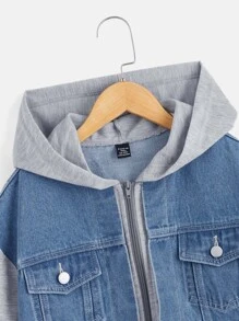 SHEIN Teen Girls Colourblock Flap Pocket Zip Up Hooded Denim Jacket - Medium Wash - View 4