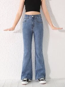 SHEIN Explorewe Tween 女童修身浅蓝色洗水牛仔喇叭牛仔裤 - 中等水洗藍 - 查看 1