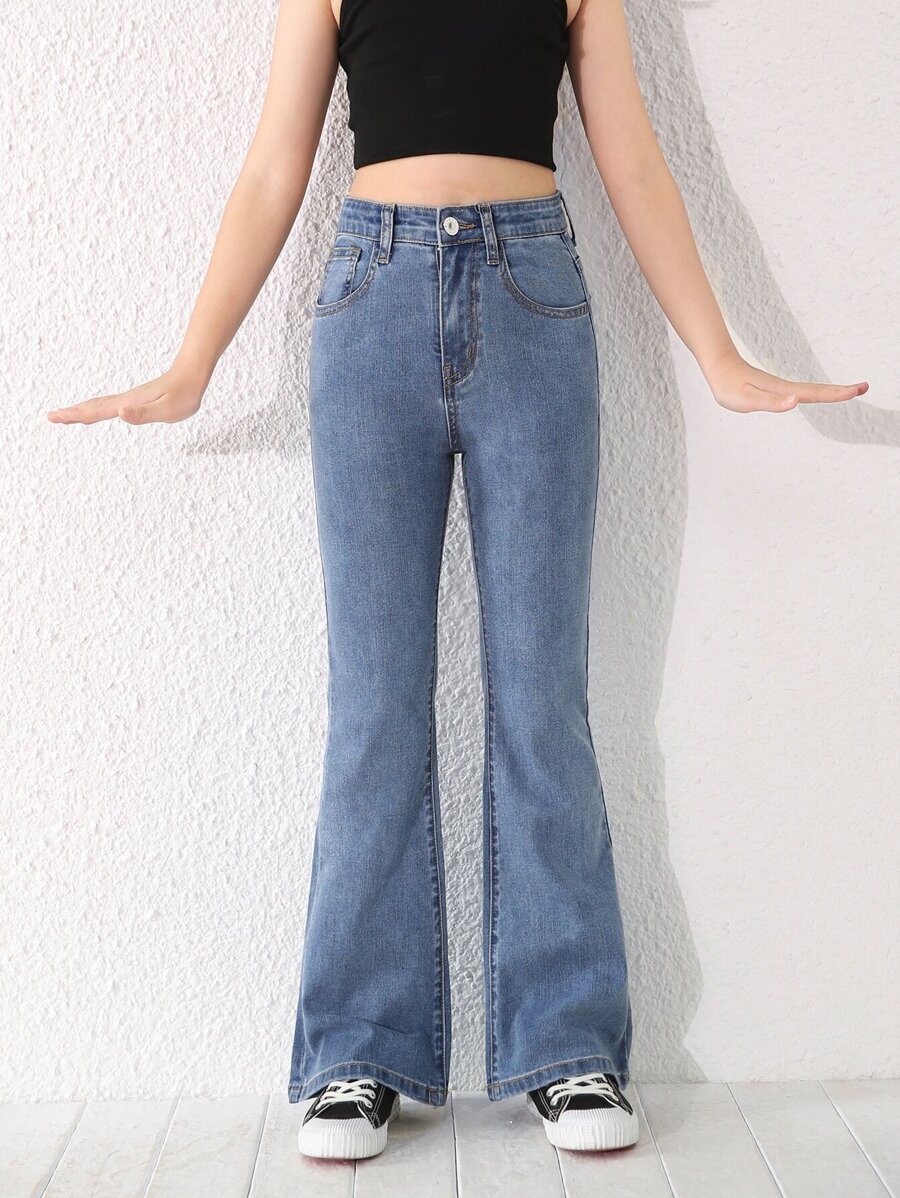 SHEIN Explorewe Tween 女童修身浅蓝色洗水牛仔喇叭牛仔裤 - 中等水洗藍 - 查看 1