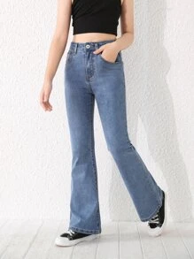 SHEIN Explorewe Tween 女童修身浅蓝色洗水牛仔喇叭牛仔裤 - 中等水洗藍 - 查看 3