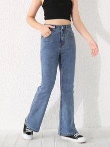 SHEIN Explorewe Tween 女童修身浅蓝色洗水牛仔喇叭牛仔裤 - 中等水洗藍 - 查看 4