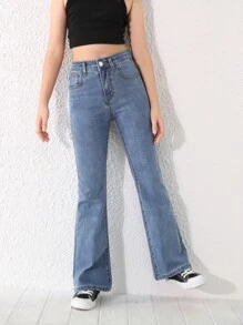 SHEIN Explorewe Tween 女童修身浅蓝色洗水牛仔喇叭牛仔裤 - 中等水洗藍 - 查看 5