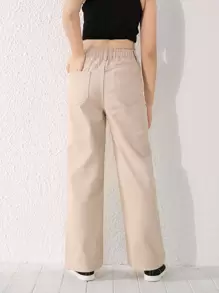 SHEIN 少女偏口直筒牛仔褲 - 卡其色 - 查看 2