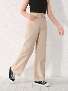 SHEIN 少女偏口直筒牛仔褲 - 卡其色 - 查看 4