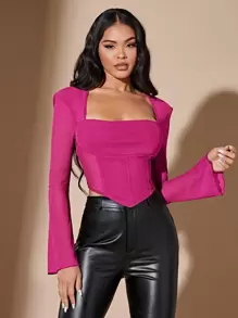 SHEIN BAE Square Neck Bell Sleeve Hanky Hem Tee - Hot Pink - View 1