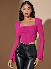 SHEIN BAE Square Neck Bell Sleeve Hanky Hem Tee - Hot Pink - View 5