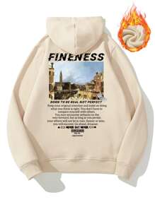 Manfinity Men Slogan & Picture Print Kangaroo Pocket Drawstring Thermal Hoodie - Apricot - View 3