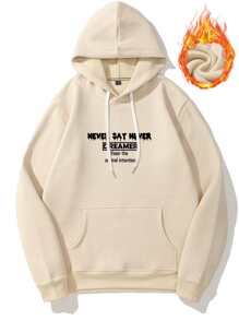 Manfinity Men Slogan & Picture Print Kangaroo Pocket Drawstring Thermal Hoodie - Apricot - View 2