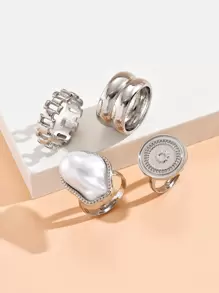 D1867-3 4pcs Round & Faux Pearl Decor Ring - Silver - View 2