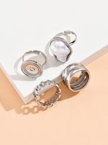 D1867-3 4pcs Round & Faux Pearl Decor Ring - Silver - View 3