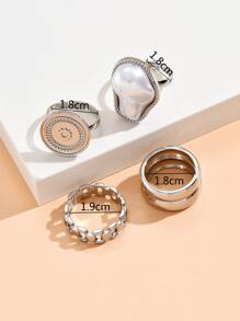 D1867-3 4pcs Round & Faux Pearl Decor Ring - Silver - View 5