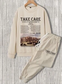 Manfinity 男士標語圖案運動衫和腰部抽繩衛褲 - 杏色 - 查看 3