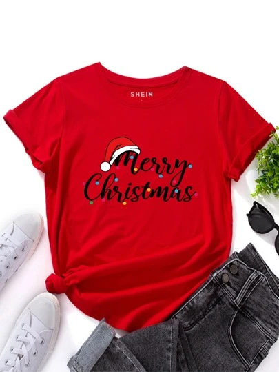 SHEIN LUNE Christmas Print Tee Graphic Tees Women Tops