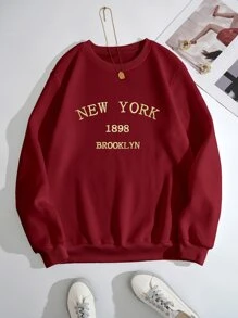 SHEIN EZwear Letter Graphic Thermal Lined Sweatshirt - Burgundy - View 1