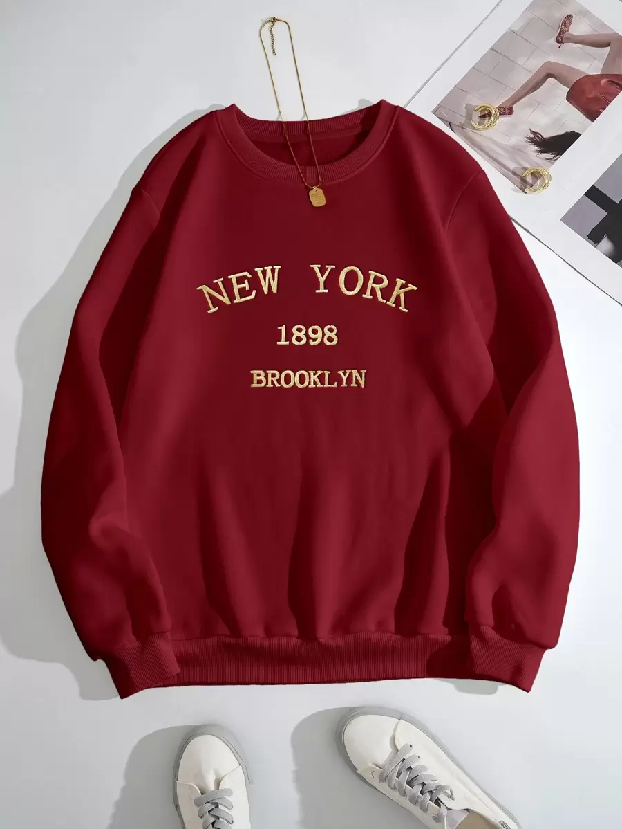 SHEIN EZwear Letter Graphic Thermal Lined Sweatshirt - Burgundy - View 1