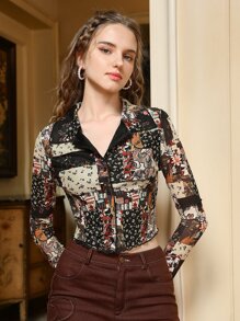SHEIN MOD Patchwork Print Button Front Lettuce Trim Shirt - Multicolor - View 1
