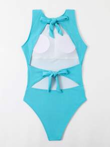 SHEIN Swim 霓虹藍羅紋後鏤空高領連體泳衣