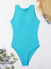 SHEIN Swim 霓虹藍羅紋後鏤空高領連體泳衣