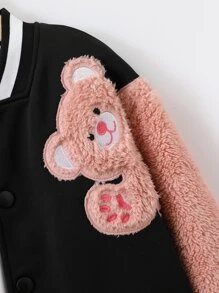 女孩小熊刺繡拼接絨毛袖飛行員夾克不帶T恤