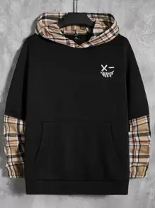 Manfinity RebelGame Men Plus Plaid Panel Expression Print Kangaroo Pocket Hoodie - Black - View 1