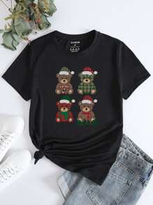 Christmas Bear Print Tee - Black - View 1