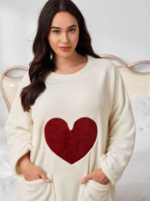 大碼愛心刺繡插肩袖絨布睡裙 - 白色 - 查看 3