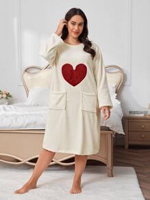 大碼愛心刺繡插肩袖絨布睡裙 - 白色 - 查看 4