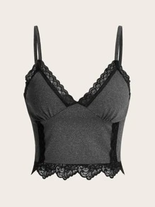 ROMWE Fairycore 蕾絲拼接吊帶上衣 - 深灰色 - 查看 5