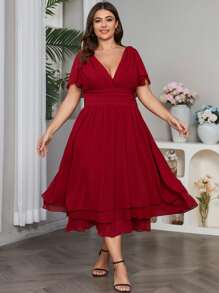 Vestido de manga mariposa fruncido bajo a capas de gasa - Burdeos - Ver 1